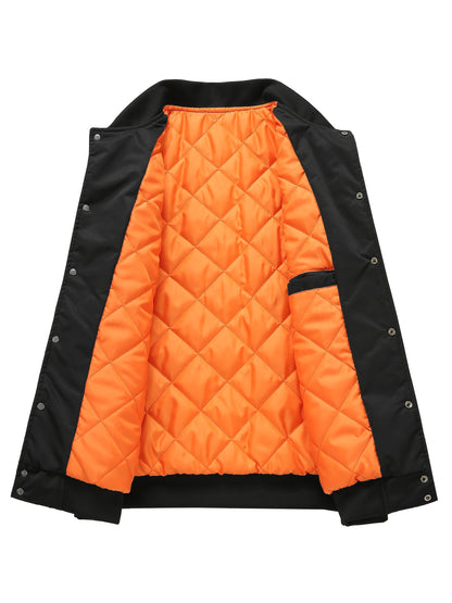 Men'S Plus Size Olive Green Varsity Jacket with Orange Accents - Thick, Warm, and Stylish for Fall/Winter, Baseball Collar, Button-Up Front, Side Pockets, Casual & Outdoor Wear, PLUS SIZE