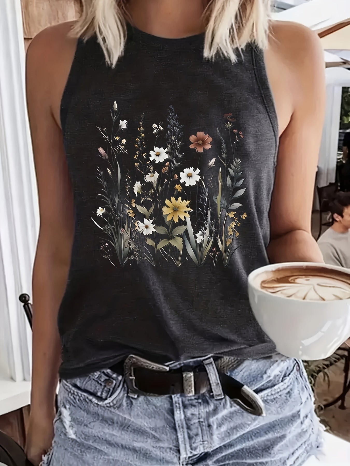 Casual Sleeveless Summer Print Tank Top, Crew Neck Women's Clothing