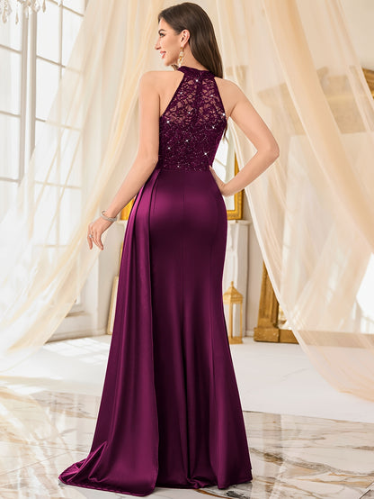 55630A Elegant Womens Sleeveless Sequin Lace Evening Maxi Dress Halter Neck Sheer Lace Patchwork Satin Ruched Waist Bodycon High Side Slit For Wedding Season Graduation Season Formal Wedding Guest Bridesmaid Cruise Party