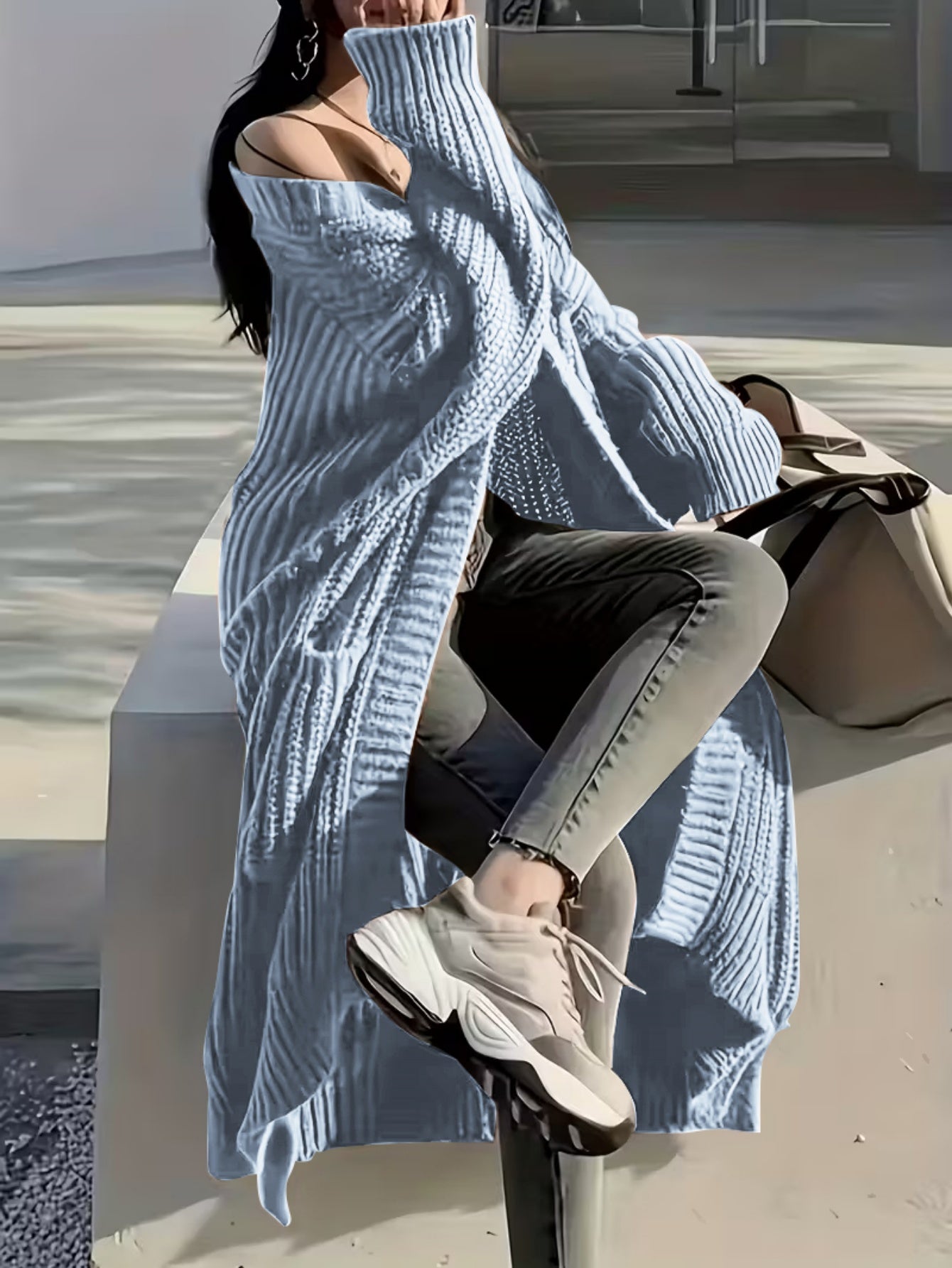Plus Size, Solid Color Plus-Size Women's Long Pocket Cardigan Loose Over-the-Knee Sweater Coat Fashion Versatile Outerwear