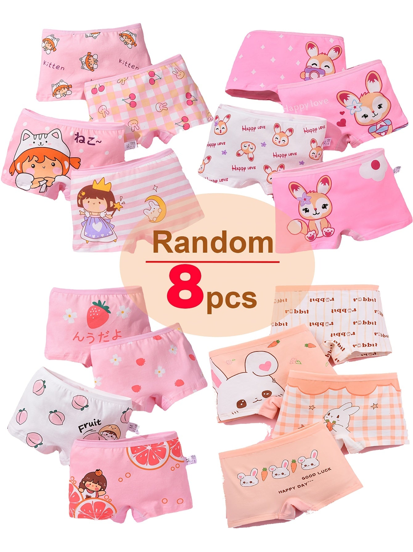 Vifine Random 8pcs Cute Cartoon Girl & Rabbit & Pony Print Briefs, Soft & Comfy Underwear Set, for All Season Wearing