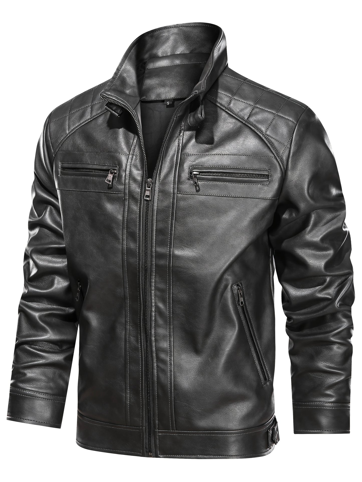 Men's Stand Collar PU Leather Jacket Lightweight Faux PU Leather Motorcycle Casual Jacket