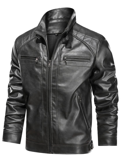 Men's Stand Collar PU Leather Jacket Lightweight Faux PU Leather Motorcycle Casual Jacket