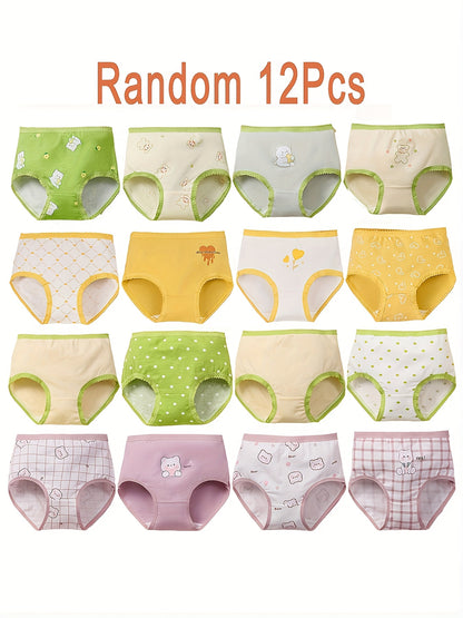 12-pc Girls Cartoon Print Sports Underpants | Soft, Breathable, Stretch Fabric, Short Length, Casual & Athletic Briefs For Daily Wear, Parties, Outings, Training & Hiking