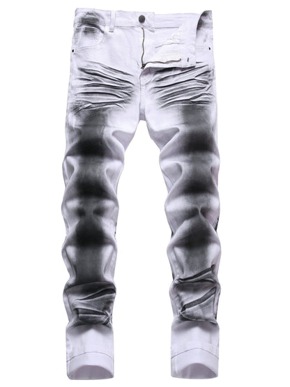 Men'S Print Jeans Stretch Casual Slim Long Casual Pants | Mid Waist, Regular Fit, Zipper Fly, All-season, Washed Detail