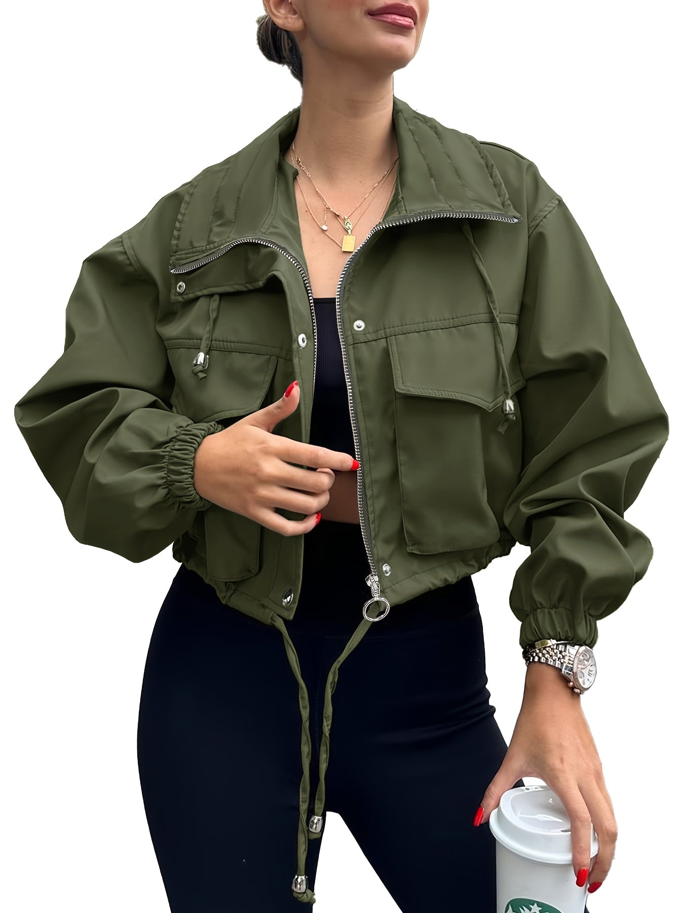 Women'S Cropped Jacket Zip Up Lightweight Oversized Utility Anorak Coat with Pockets