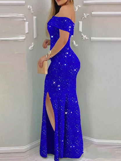 [Valentine's Day Gift] Elegant One-Shoulder Solid Color Slit to Thigh Elegant Peplum Party Sparkly Long Dress for Women, Valentine's Day Gift