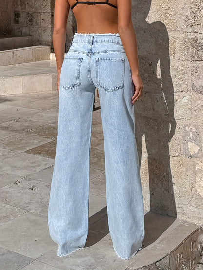 Light Blue Wide Leg Jeans, Waist Edge Pant Leg Personality Design, Loose Version Of The Long Leg, Casual Fashion Simple Style Denim Wide Leg Pants