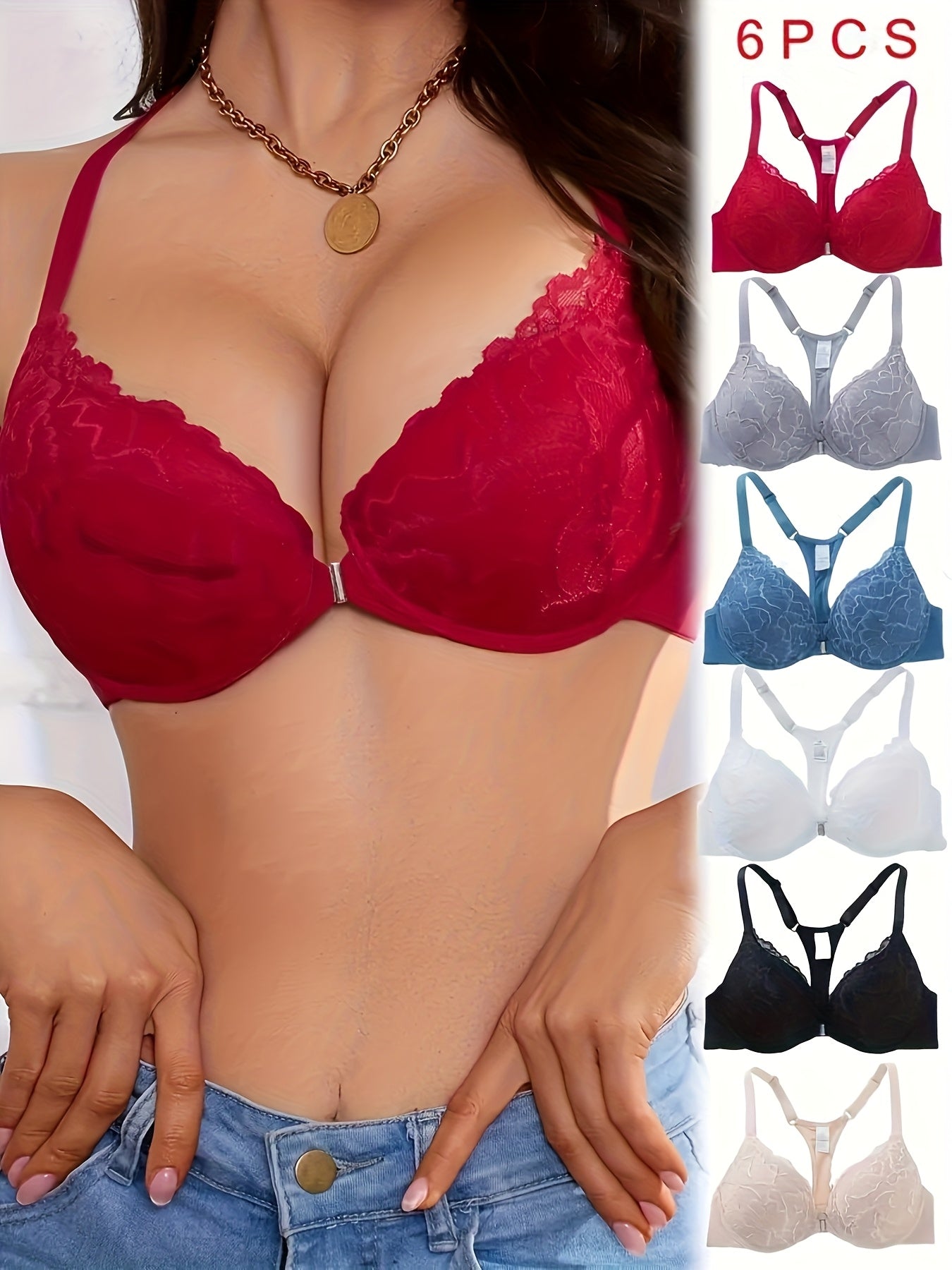6pcs Women's Push-Up Bras Front Closure Underwire High Support - Breathable Nylon Lace Trim Non-Removable Padding, Valentine's Day & Mother's Day Gift for Her (Red/Blue/White/Black)
