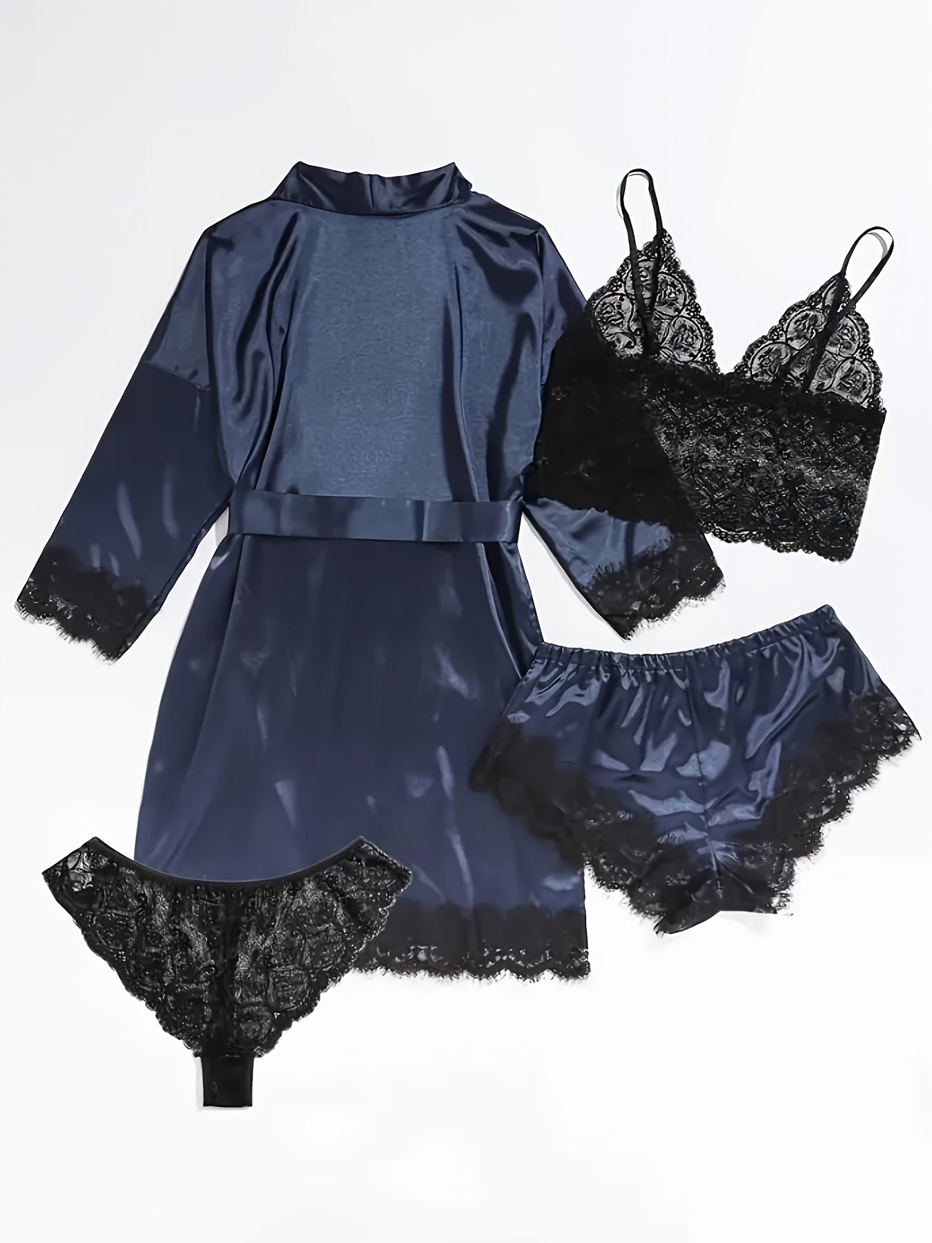 Women's Satin Fabric Pajama Set, Floral Lace Camisole Sleepwear and Robe 4pcs Set, Sexy Plus Size Nightwear with Pants and Belt, Loungewear