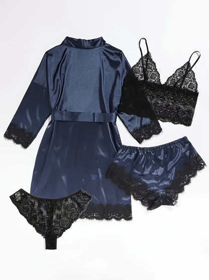 Women's Satin Fabric Pajama Set, Floral Lace Camisole Sleepwear and Robe 4pcs Set, Sexy Plus Size Nightwear with Pants and Belt, Loungewear