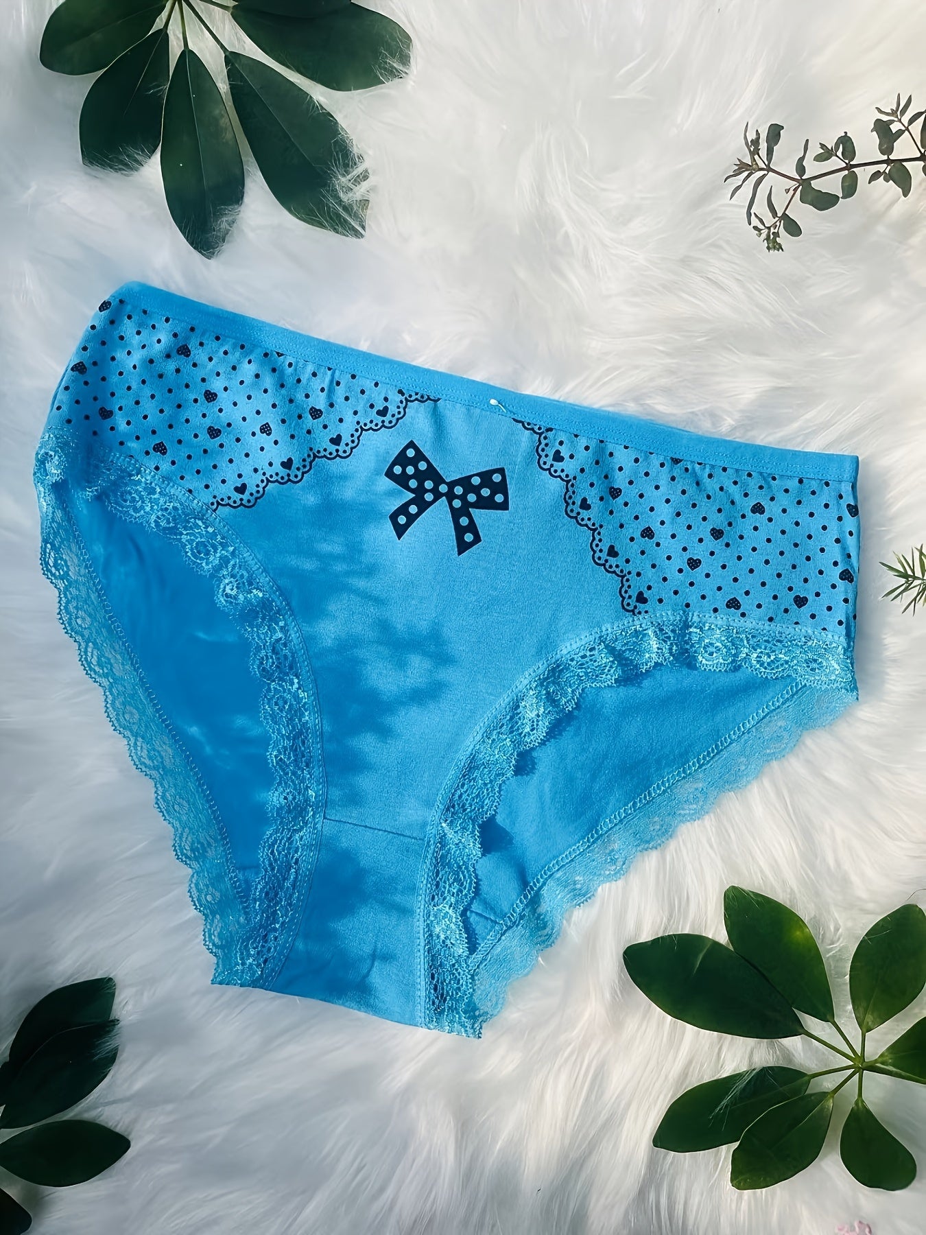 12pcs Elegant Contrast Lace Briefs | Plus Size with Bow and Heart Print, Comfortable & Breathable Stretchy Women'S Lingerie & Underwear