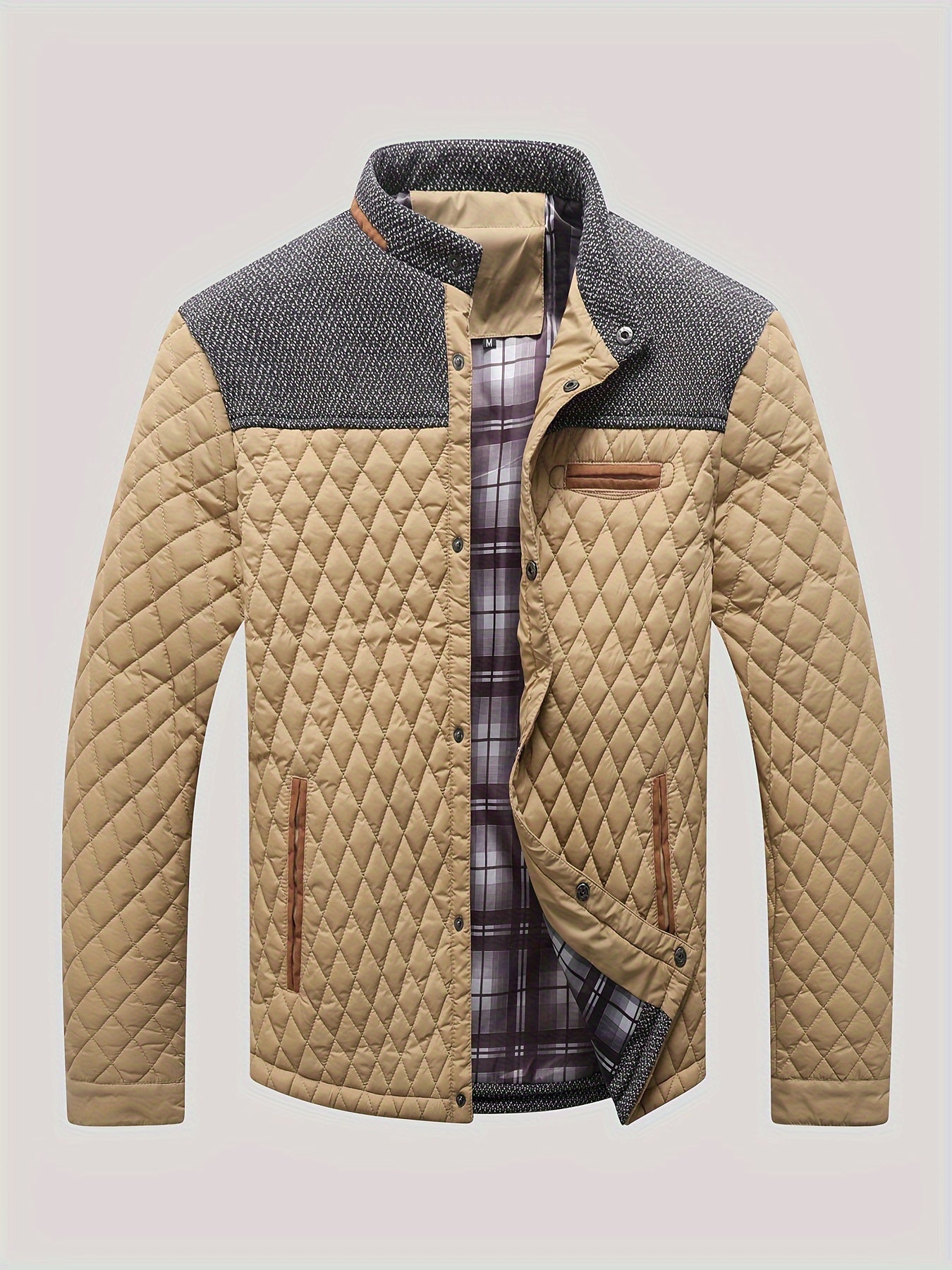 Men's Casual Stand Collar Plaid Side Seam Pocket Patchwork Jacket
