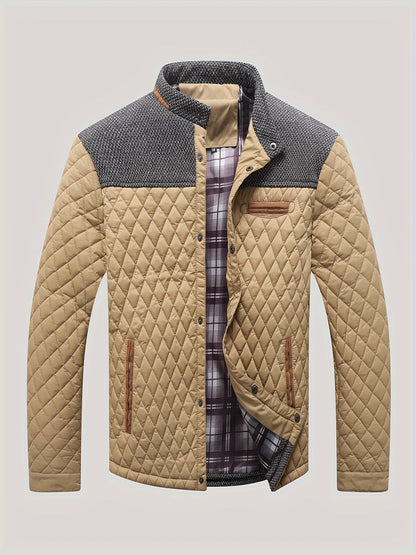 Men's Casual Stand Collar Plaid Side Seam Pocket Patchwork Jacket