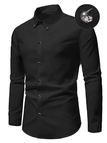 Men's Non-Iron Business Shirt Long Sleeve with Diamond Buttons& Button- Collar | Wrinkle-Free Stretch Polyester | Office Work Shirt in White& Black