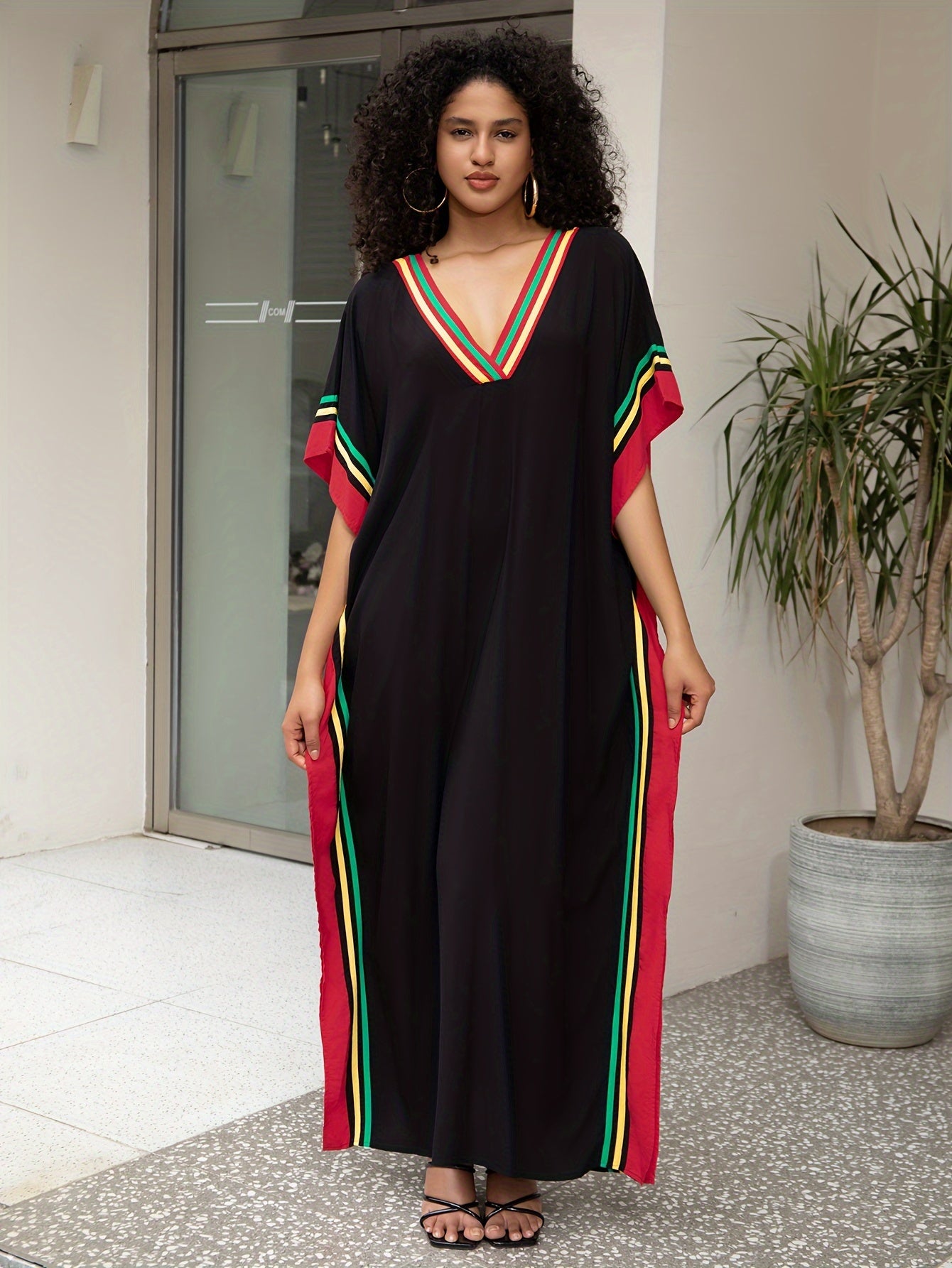 Women'S Casual Kaftan Dress, Plus Size Batwing Sleeve V Neck Maxi Dress