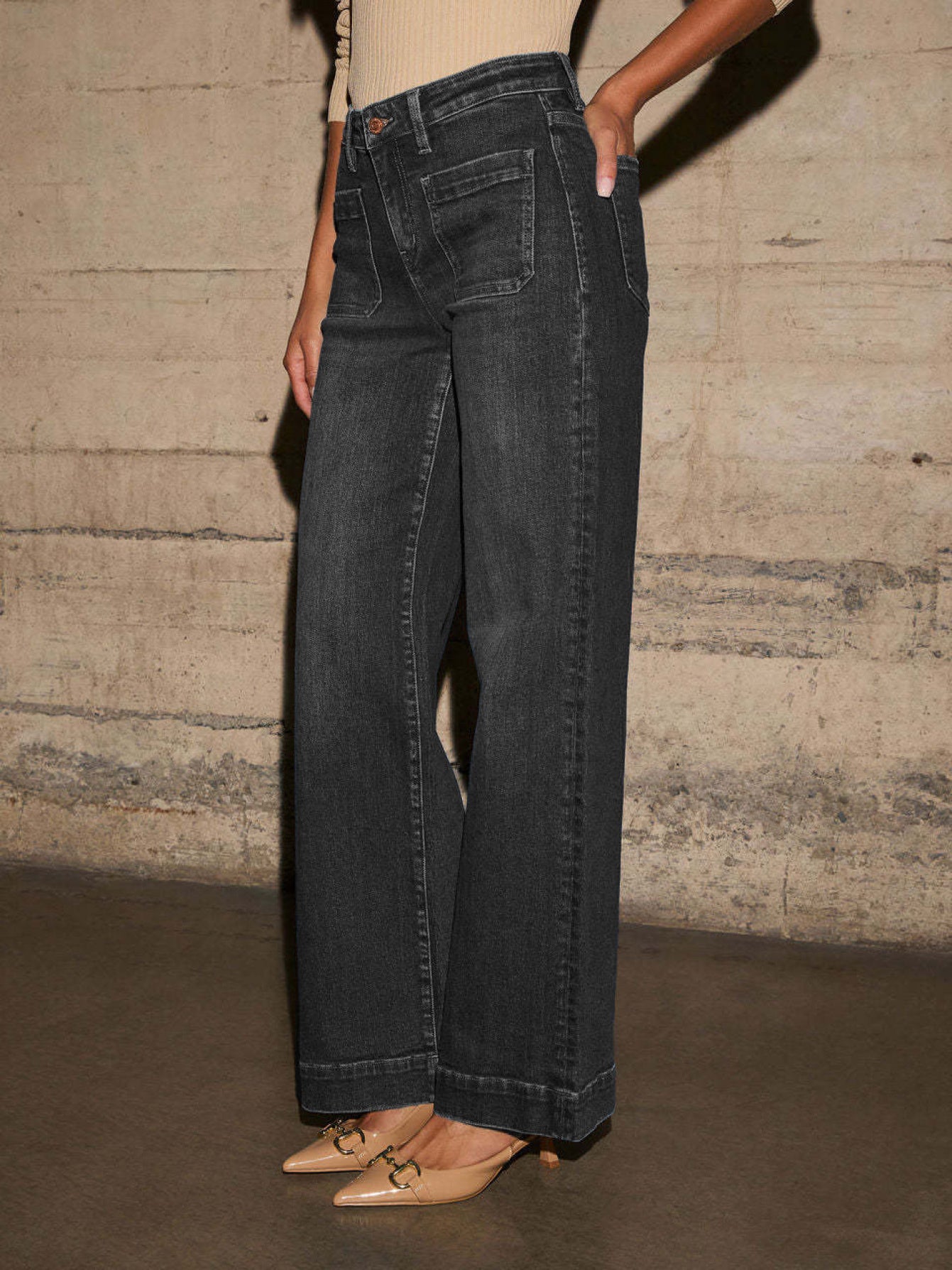 1pc Women'S High-Waist Wide-Leg Jeans, Vintage Wash Trousers with Pocket Detail, Trendy Loose-Fit Pants Casual Outfits