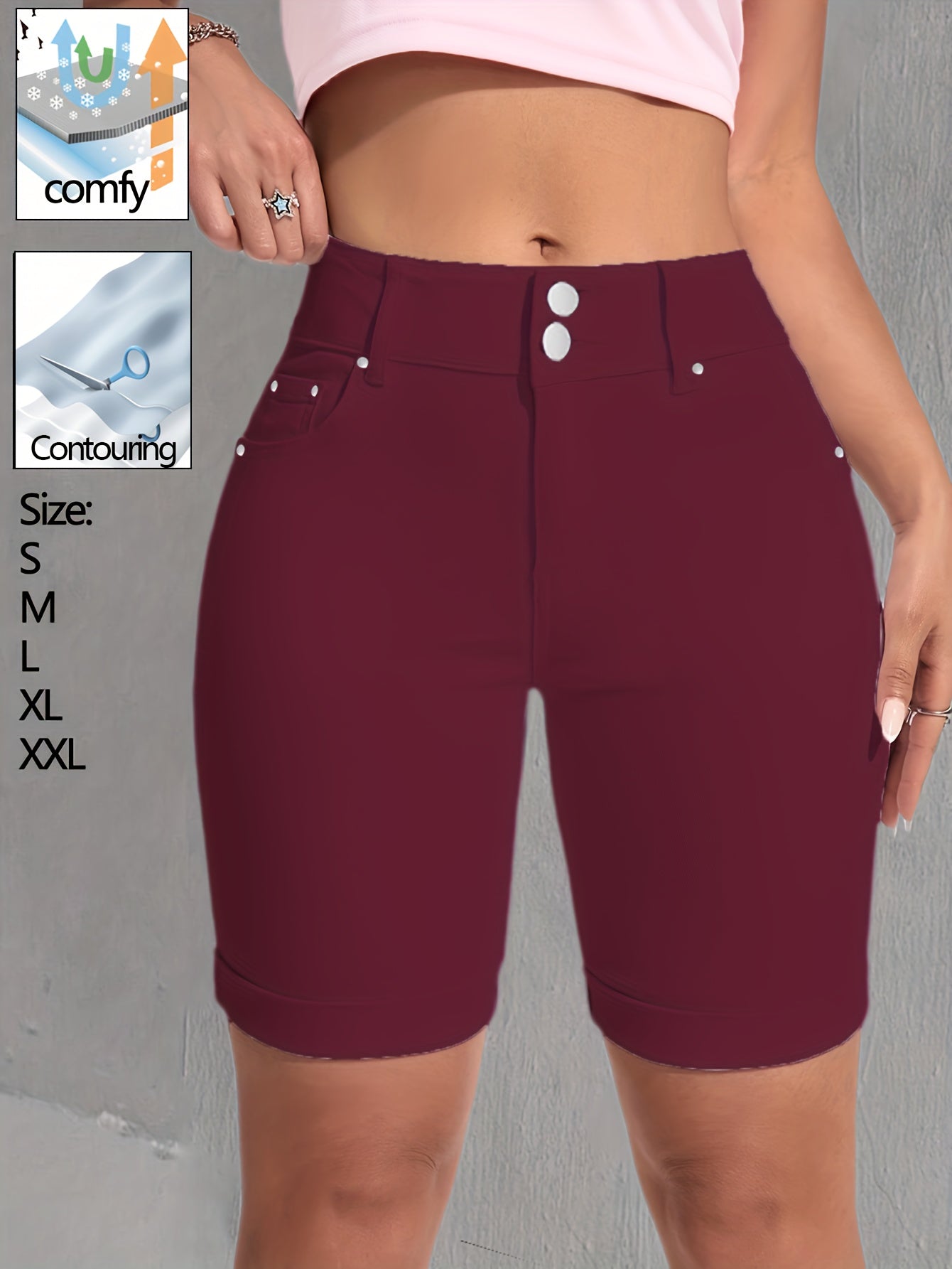Elegant White Denim Shorts for Women Featuring a Double-Breasted Design, Multi-Rivet Details, And a Flattering Fit That Lifts The Backside. These Shorts Are Made from High-Stretch Fabric, Have a Button Fly Closure