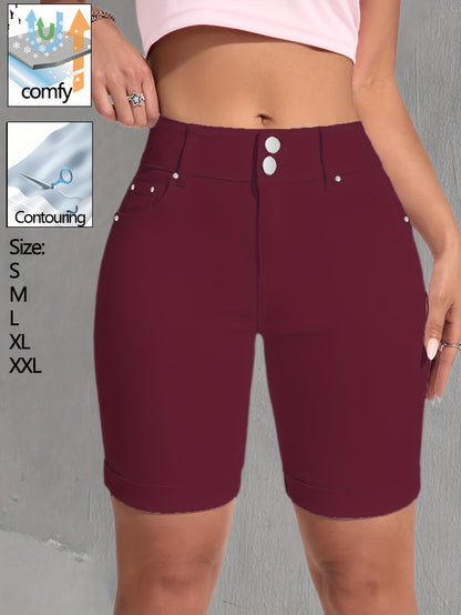 Women White Stretch Denim Bermuda Shorts Slim Fit High Waist Double Button Design Rivet Detailing Cuffed Hem Soft Flexible Fabric Figure Contouring Modern Minimalist Style Versatile Casual Streetwear Comfortable Durable Casual Attire Fashion Forward