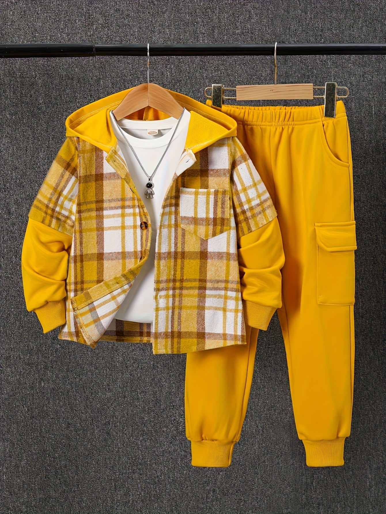 2pcs, Autumn And Winter New Boys' Long-Sleeve Plaid Cardigan Suit Boys' Puff Hooded Jacket Boys' Fashion Work Pants, for Outdoor