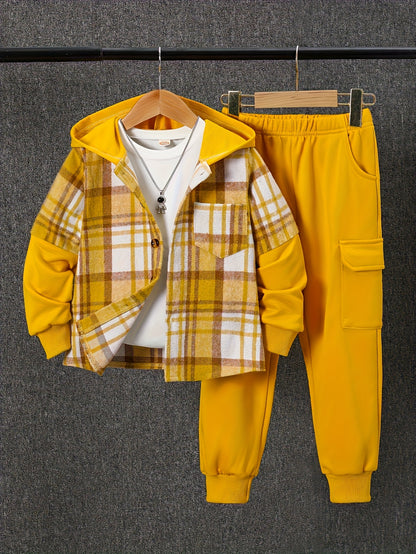 2pcs, Autumn And Winter New Boys' Long-Sleeve Plaid Cardigan Suit Boys' Puff Hooded Jacket Boys' Fashion Work Pants, for Outdoor