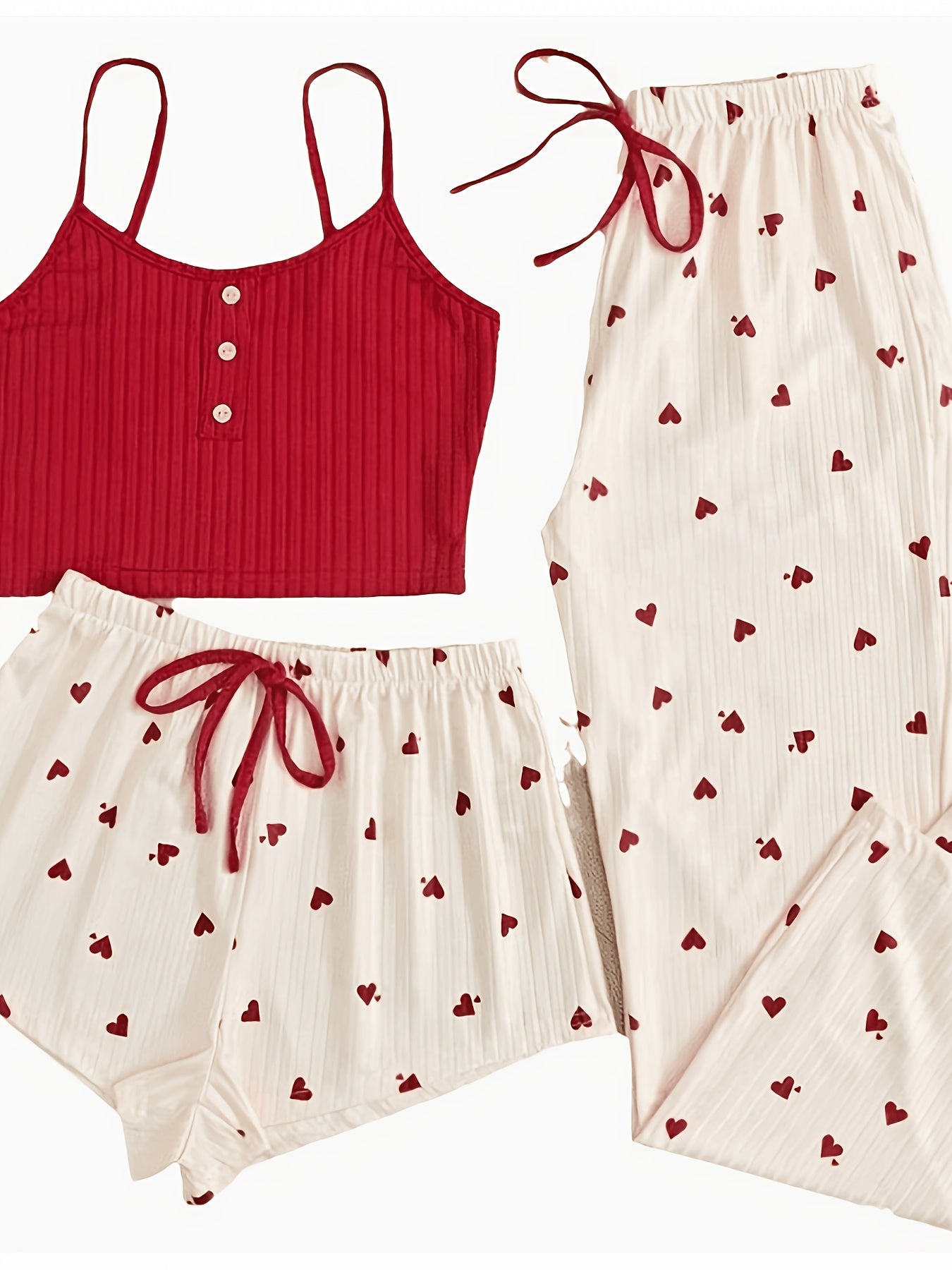 Trendy Heart Print 3pcs Pajama Set - Casual Cami, Shorts & Pants Loungewear for Sleep, Lounge & Daily Wear