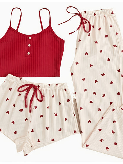 Trendy Heart Print 3pcs Pajama Set - Casual Cami, Shorts & Pants Loungewear for Sleep, Lounge & Daily Wear