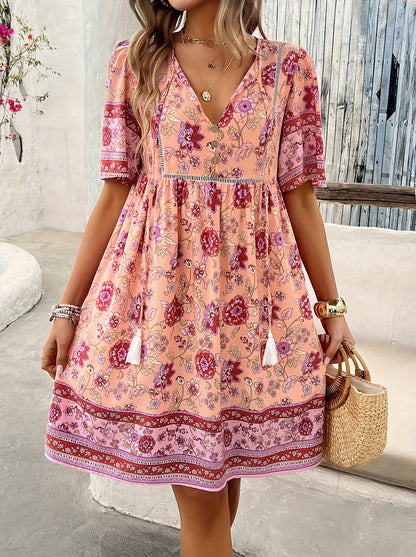 ZAFUL Summer Women's Dress, Women's Fashion New Elegant Romantic Bohemian Style Long Dress, Women's Fashion Deep V-neck Princess Sleeve Design, Fluffy High Waist Tassel Dress, Fashion Holiday Dress