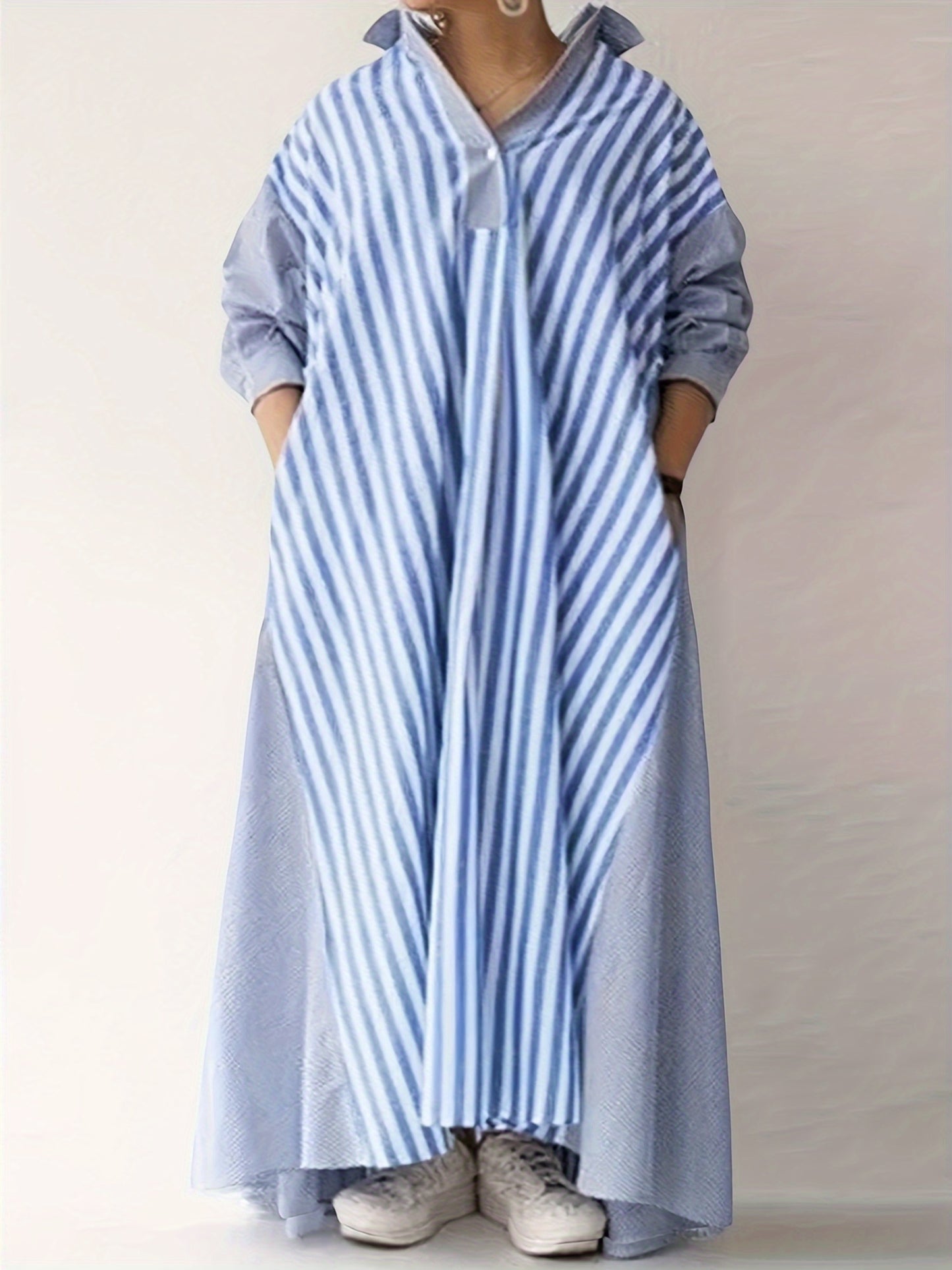 Plus Size - Plus Size - Casual Shirt Dress with Long Sleeves And Striped Stitching Designed for Plus-Size Women