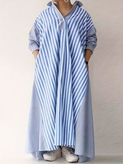 Plus Size - Plus Size - Casual Shirt Dress with Long Sleeves And Striped Stitching Designed for Plus-Size Women