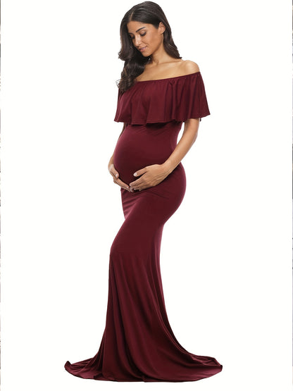 Womens Off Shoulder Maternity Dress Ruffles Elegant Slim Gowns Fit Maxi Photography Dress