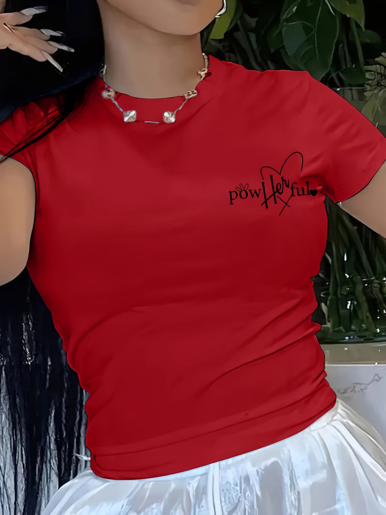 Short T-Shirt for Women with Inspirational Print - "She Overcomes Everything" Back Design, Casual Summer Top with Short Sleeves, Medium Stretch Crew Neck, Machine Washable, Motivational Text Design, Comfort Fit