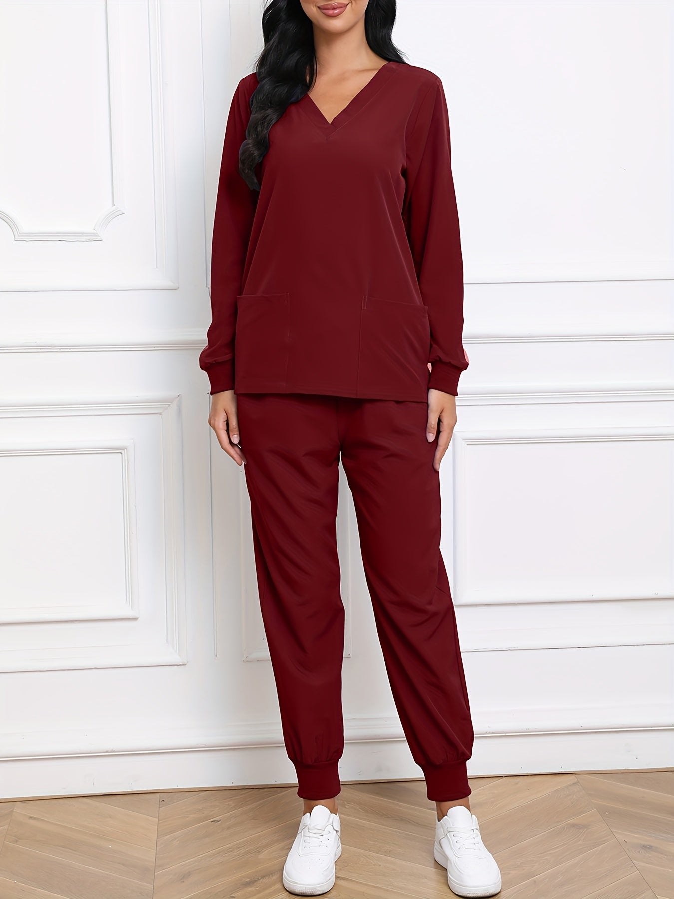 Women'S V-Neck Long Sleeve Elastic Uniform Set with Pockets, Breathable Stretch Top And Waist Cord Pocket Pants Two-Piece Set
