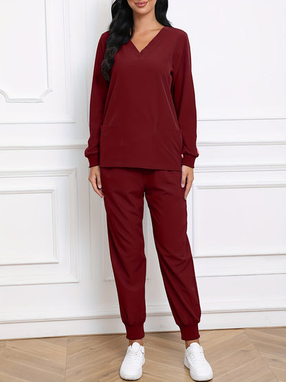 Women'S V-Neck Long Sleeve Elastic Uniform Set with Pockets, Breathable Stretch Top And Waist Cord Pocket Pants Two-Piece Set