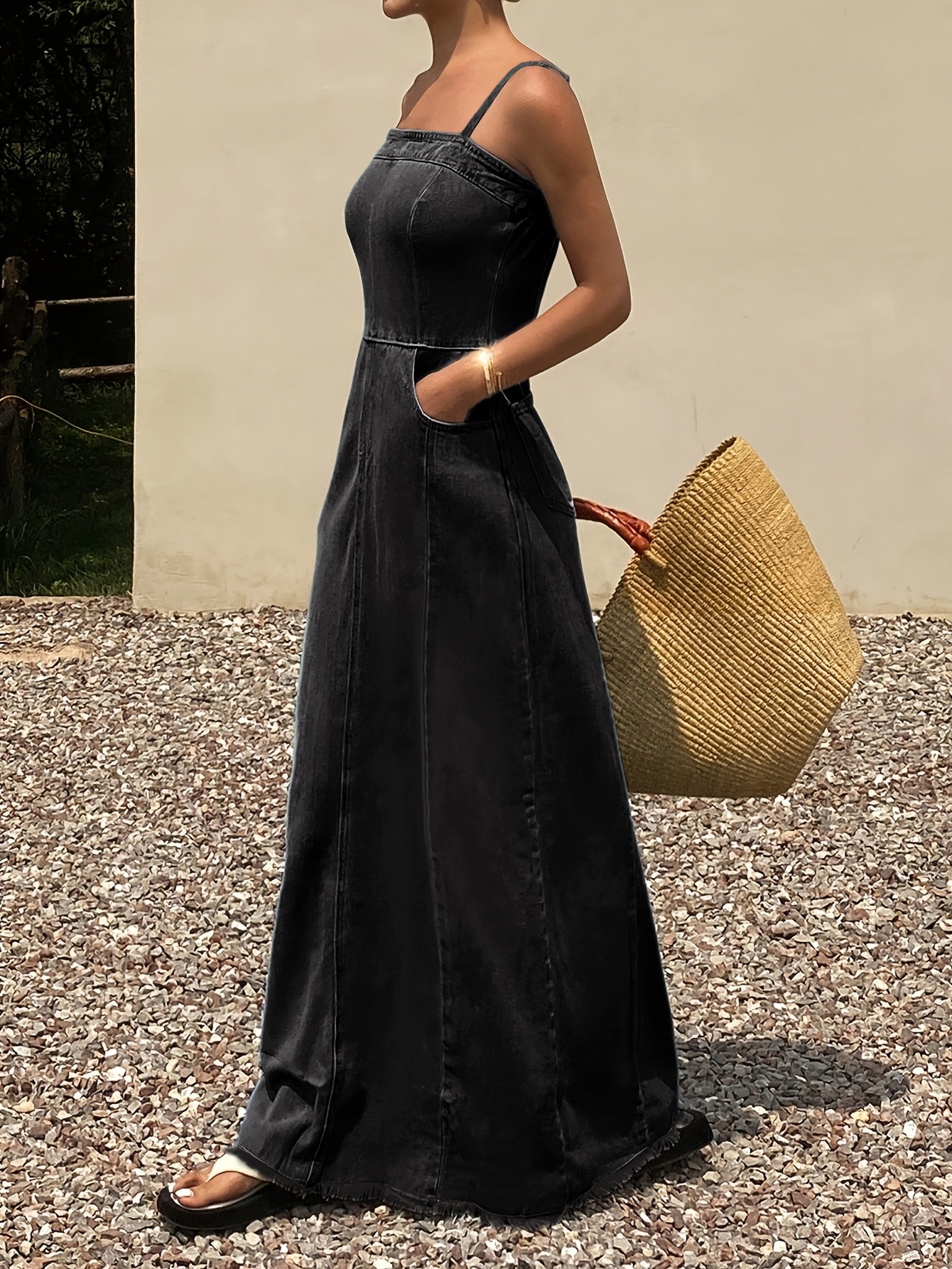 Vintage Washed Denim Maxi Dress for Women Sleeveless Long Jean Dress with Relaxed Non-Stretch Fabric, Casual Boutique Outfit for Spring Fall