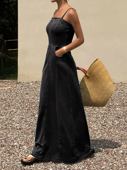 Vintage Washed Denim Maxi Dress for Women Sleeveless Long Jean Dress with Relaxed Non-Stretch Fabric, Casual Boutique Outfit for Spring Fall