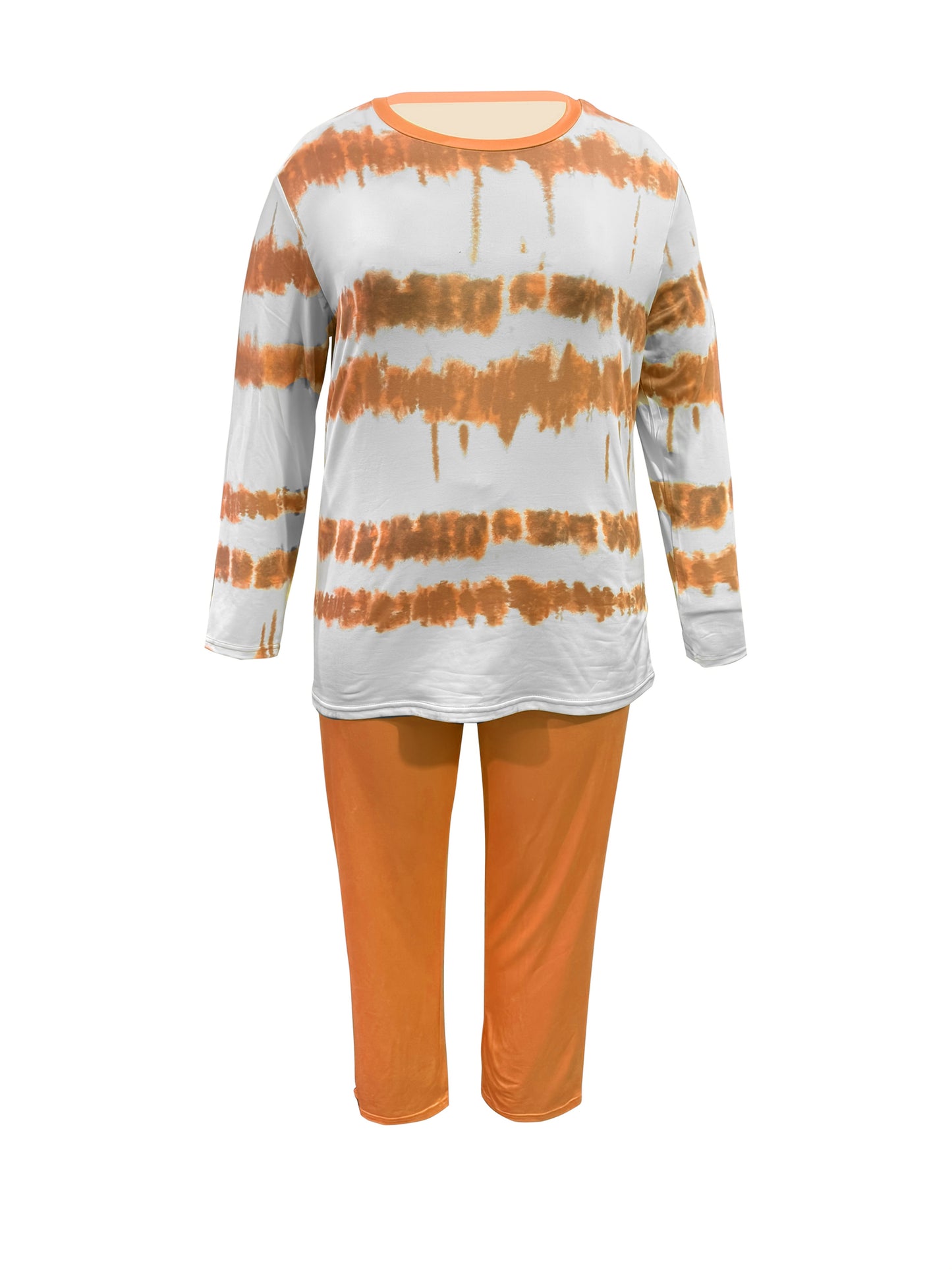 Plus Size - Plus-size Fashion Tie-dye Striped Print Long-sleeved Trousers Suit, Suitable For Going Out