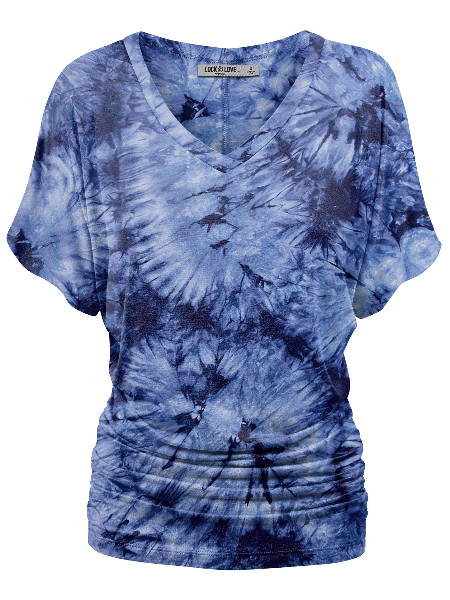 Women's Short Sleeve V Neck Tie-Dye Dolman Top w/Side Shirring
