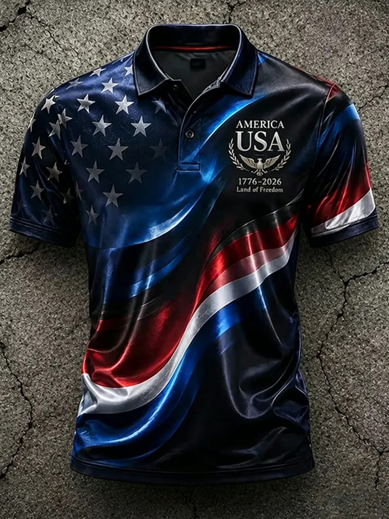 Men'S Independence 250Th Anniversary Polo Shirt Gradient Red Star Shoulder & Glossy Wave Stripe Graphic, USA Eagle Laurel Wreath Letter Logo Sport Golf Tee