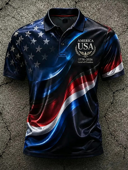 Men'S Independence 250Th Anniversary Polo Shirt Gradient Red Star Shoulder & Glossy Wave Stripe Graphic, USA Eagle Laurel Wreath Letter Logo Sport Golf Tee