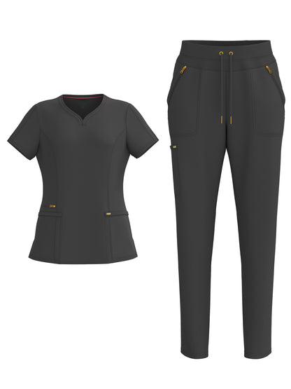 PandaFlex modern neck in Four-Way Stretch Fashion Scrubs Set V-Neck Short Sleeve Scrub Top & Straight Leg Cargo Pants for Nurses with zipper pockets 3372