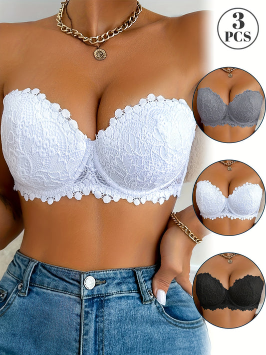 3pcs Half-cup Sexy Lace Lingerie Women'S Bra With Steel Band And Adjustable Shoulder Straps