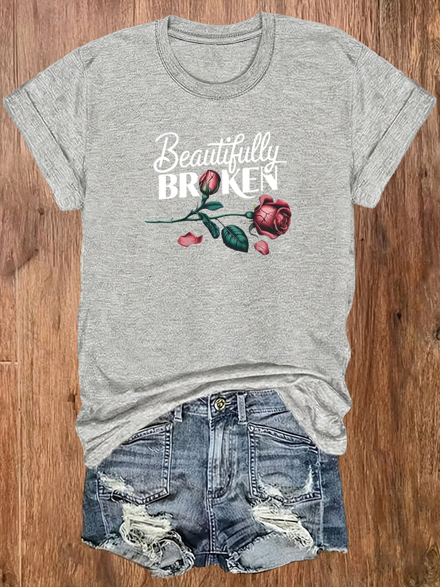 Ladies' European-Style Round Neck Short Sleeve T-Shirt for Summer, Lightweight and Breathable, Front and Back with Stylish Floral Prints and 'Beautifully Broken' Text, Perfect Comfort Fit for Daily Wear, A Versatile and Chic Choice for Laid-Back