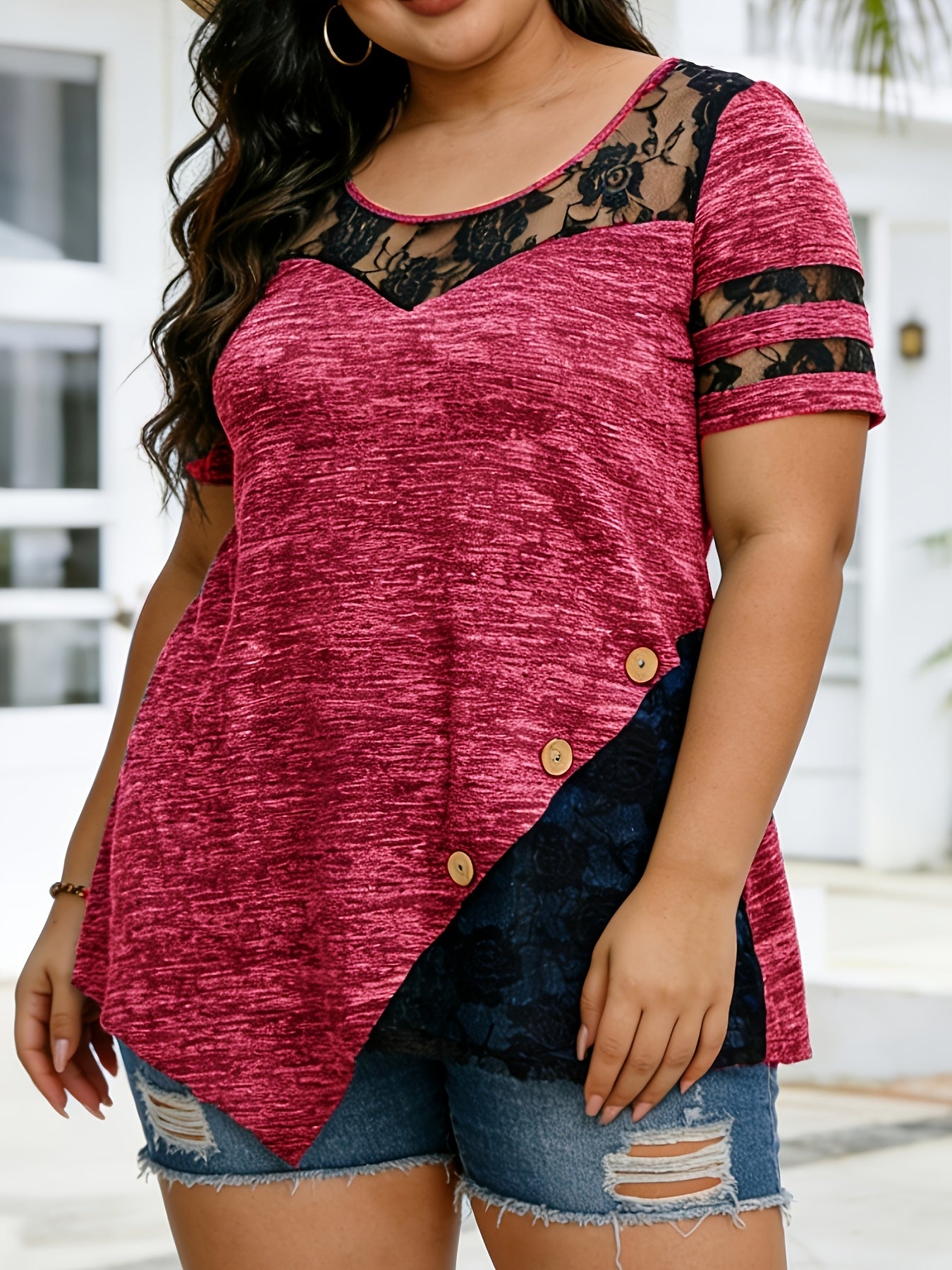 Plus Size - Plus Size - Women'S Plus Size Lace Trim Blouse Tops, Flattering V-Neck Tunic Shirt, Casual Dressy Elegant Tops, Flowy Tunic Top with Lace Sleeves, Comfort Stretch Blouse for Women, Loose Fit Shirt, Sizes XL-5X