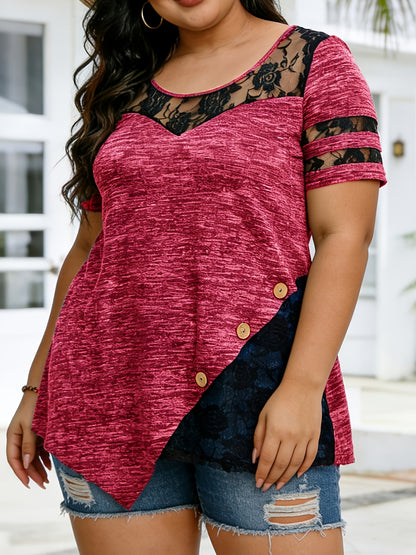 Plus Size - Plus Size - Women'S Plus Size Lace Trim Blouse Tops, Flattering V-Neck Tunic Shirt, Casual Dressy Elegant Tops, Flowy Tunic Top with Lace Sleeves, Comfort Stretch Blouse for Women, Loose Fit Shirt, Sizes XL-5X