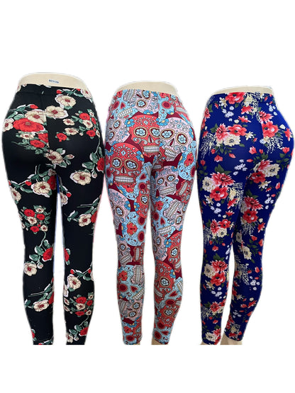 918 3 pieces High Waist Printing Yoga Leggings - Comfortable Casual Sweatpants - Stretchable, Moisture-Wicking for Fitness & Everyday Style Mixed colors