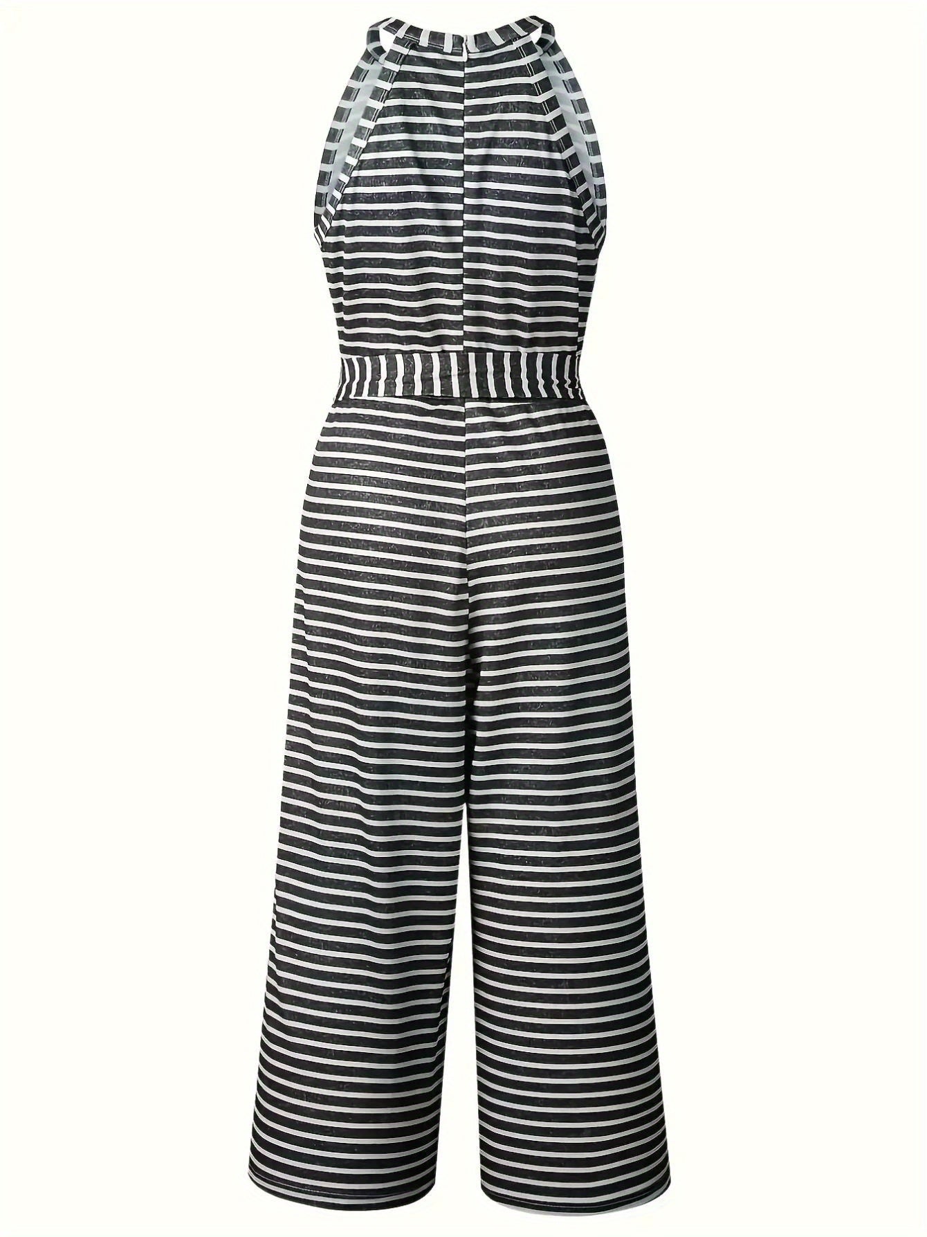 Women's Sleeveless Tank Top Jumpsuit with Decorative Bow Belt - High-Waisted Wide-Leg Pants, Black & White Vertical Stripes, Loose Fit Machine Washable Summer Outfit for Casual Outings & Beach Vacations, Ladies Tank Tops, Warm Weather Clothing, Breathable