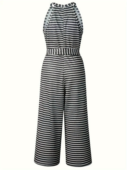 Women's Sleeveless Tank Top Jumpsuit with Decorative Bow Belt - High-Waisted Wide-Leg Pants, Black & White Vertical Stripes, Loose Fit Machine Washable Summer Outfit for Casual Outings & Beach Vacations, Ladies Tank Tops, Warm Weather Clothing, Breathable
