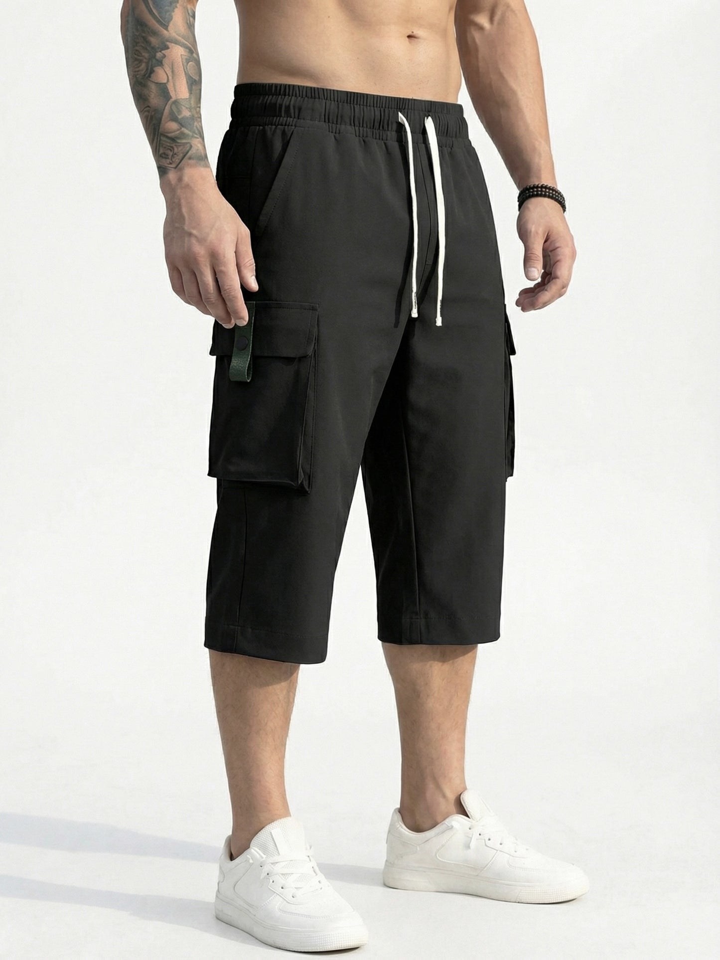 3pcs Men'S Summer Cargo Shorts | Durable Polyester Non-Stretch Fabric, Casual Sporty Style, Regular Fit with Drawstring Waist, Large Pockets & Letter Patch Detail - Includes Wristband