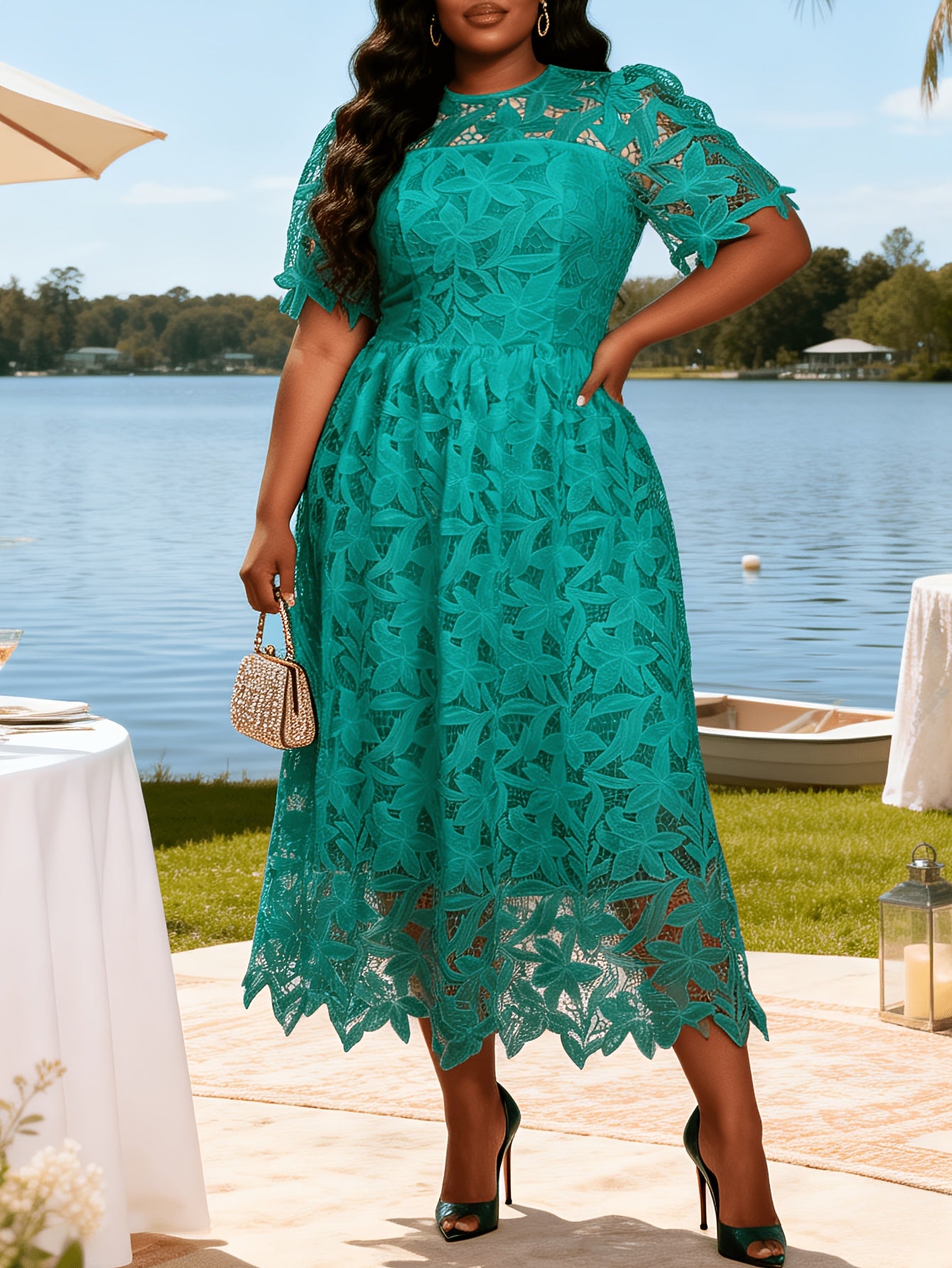 Plus Size - Plus Size - Plus Size Round Neck Lace Dress, Elegant Midi Length with Waist Definition, Formal Banquet And Evening Gown